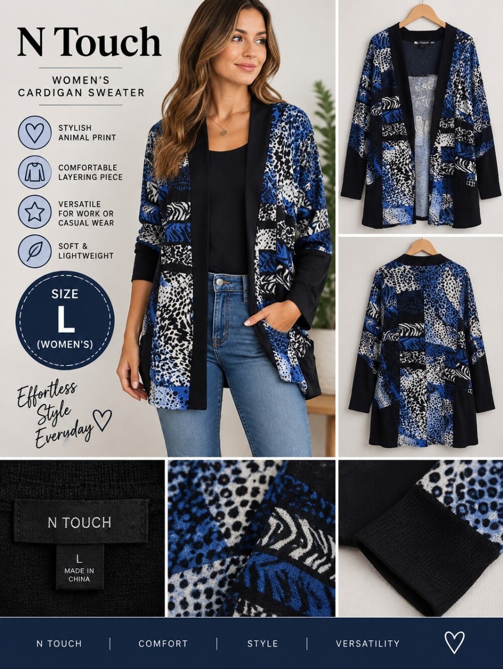N touch Women's large blue black animal print cardigan sweater #16